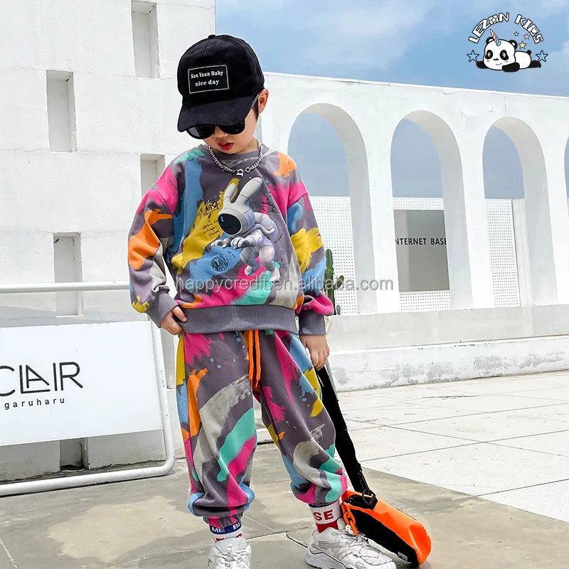 LEZONKIDS - Boys winter suit camouflage tie-dye breathable handsome children's sweatshirt trousers two-piece suit